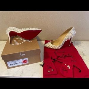 Louboutin 37.5 Follies Spikes 100mm Patent Coquillage Latte/German (white pearl)